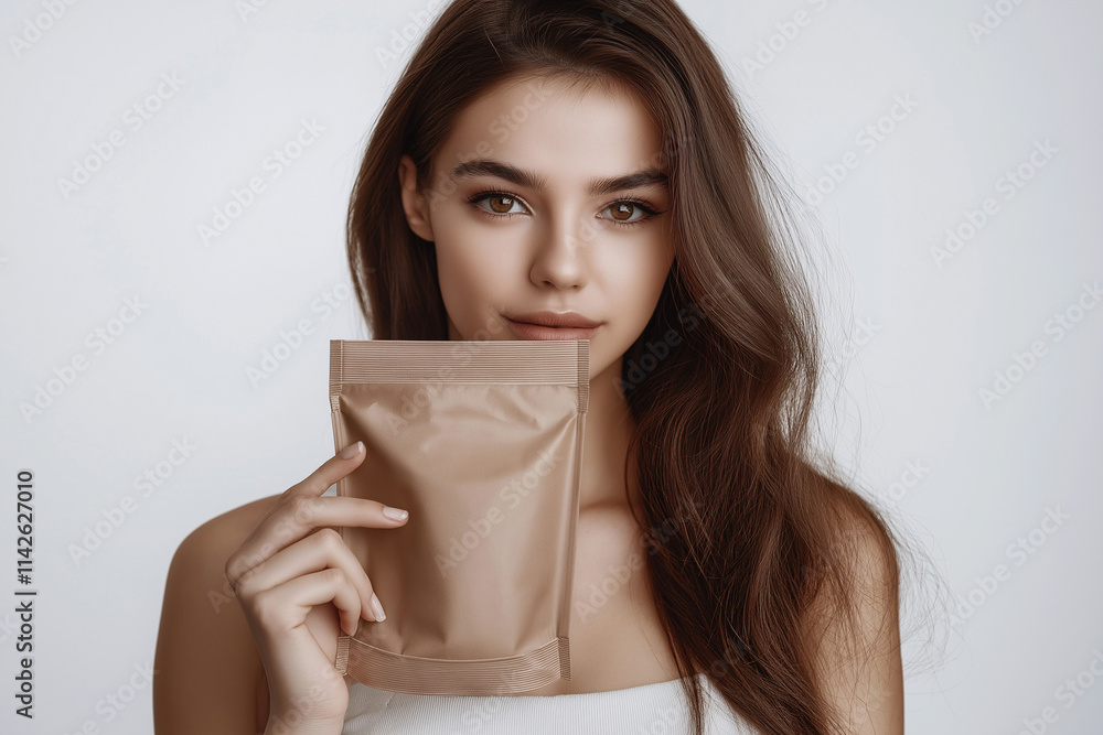 Young woman holding doypack pouch in studio setting lifestyle photography with natural light Young woman holding doypack pouch in studio setting lifestyle photography with natural light