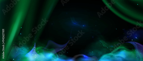 Scene with royal luxurious green silk draperies  with a blue magic smokey background is shown. Green smoke