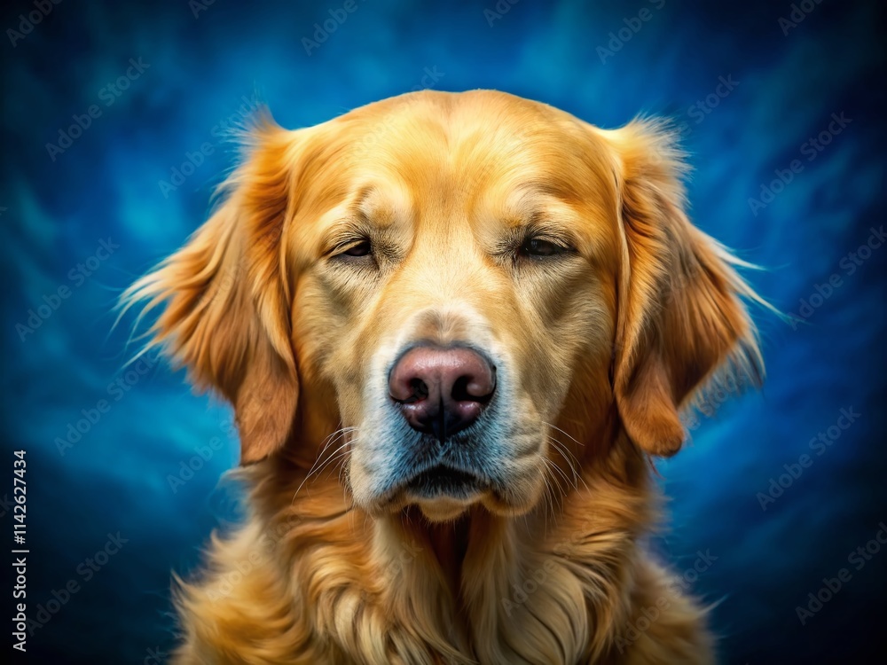 Golden Retriever Dog Portrait, Blinking Eye, Blue Background - Pet Photography Golden Retriever Dog Portrait, Blinking Eye, Blue Background - Pet Photography