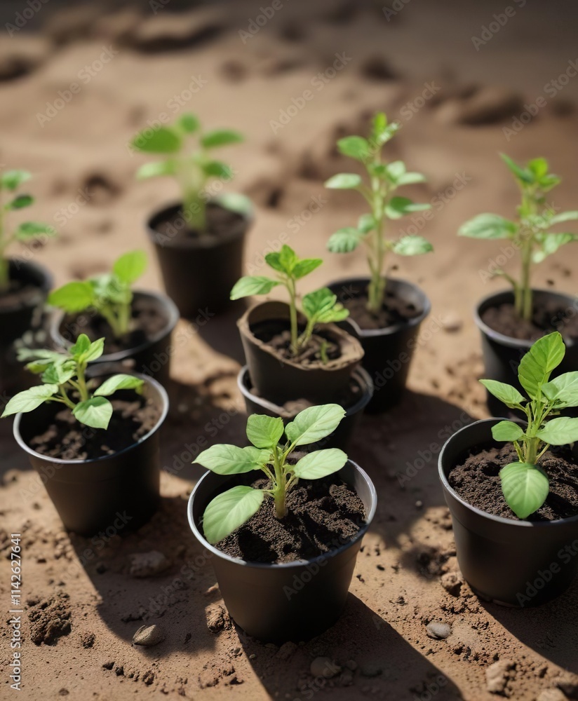 Group of young wild watermelon seedlings in small pots ready for planting, nursery, nursery stock, containers, care, gardening tools Group of young wild watermelon seedlings in small pots ready for planting, nursery, nursery stock, containers, care, gardening tools