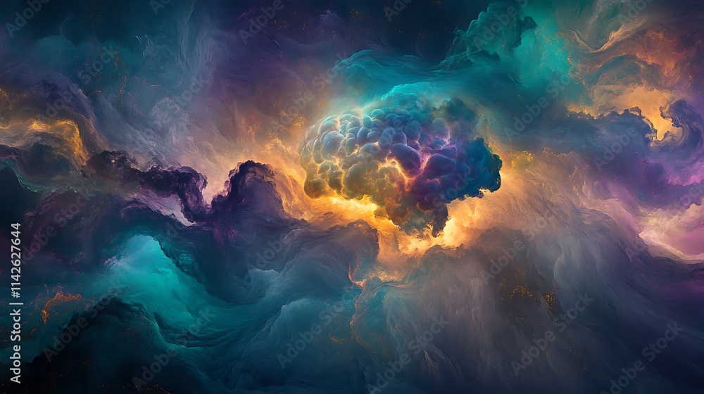 A glowing brain radiating swirling clouds of vibrant colors, including blues, purples, and gold, representing emotions and creativity in an abstract cosmic environment A glowing brain radiating swirling clouds of vibrant colors, including blues, purples, and gold, representing emotions and creativity in an abstract cosmic environment