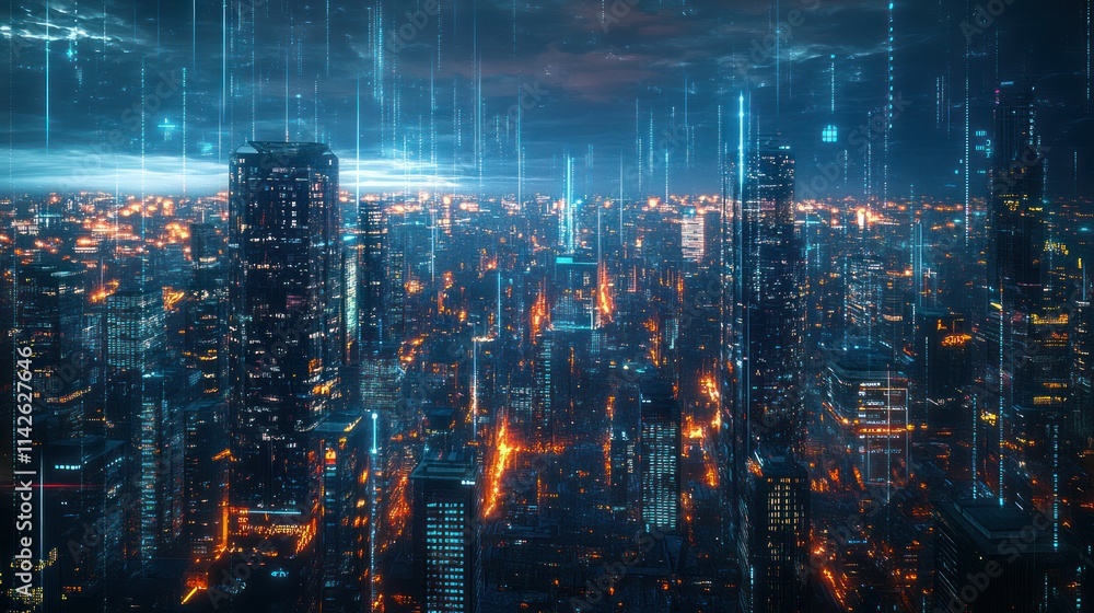 A futuristic cityscape illuminated by neon lights and digital elements. A futuristic cityscape illuminated by neon lights and digital elements.