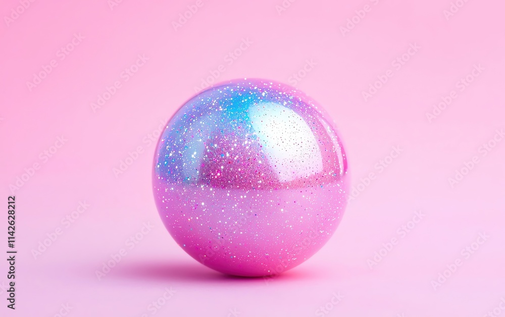 A shimmering pink and blue sphere with sparkles on a soft pink background.