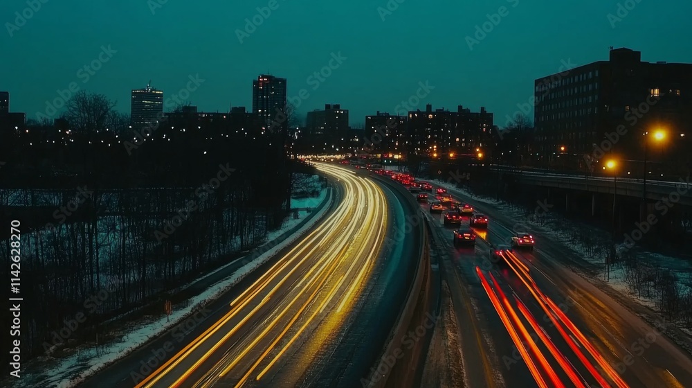 Nighttime Traffic Flow with Cityscape and Illuminated Buildings Nighttime Traffic Flow with Cityscape and Illuminated Buildings