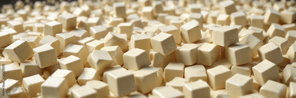 Heap of white chocolate cubes gracefully falling with copy space, cooking process, handmade candy, kitchen table Heap of white chocolate cubes gracefully falling with copy space, cooking process, handmade candy, kitchen table