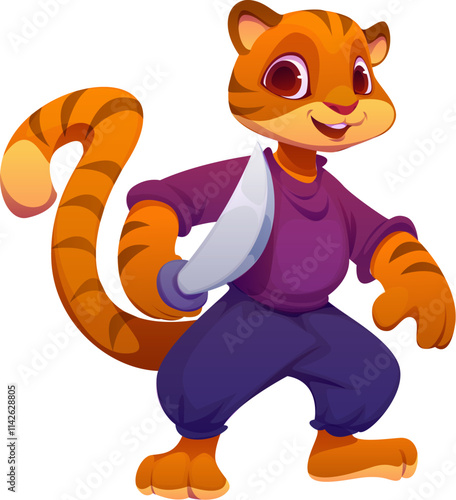 Cartoon funny tiger pirate animal character. Isolated vector swashbuckling, striped jungle cat personage wielding a gleaming saber, captures the whimsy and excitement of imaginary pirate adventures