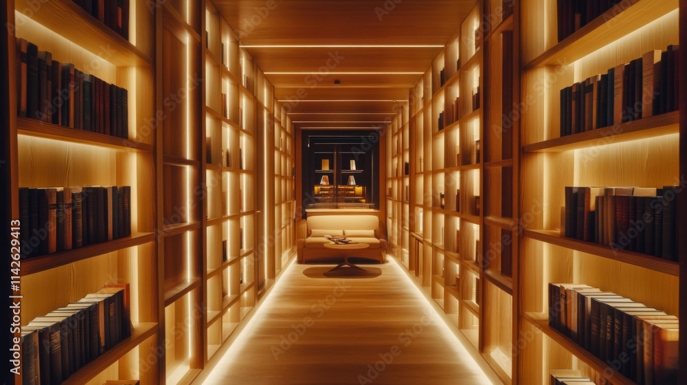 Serene Library Hallway with Warm Lighting and Elegant Bookshelves Serene Library Hallway with Warm Lighting and Elegant Bookshelves