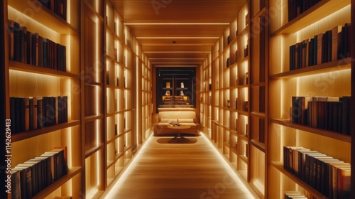 Wallpaper Mural Serene Library Hallway with Warm Lighting and Elegant Bookshelves Torontodigital.ca