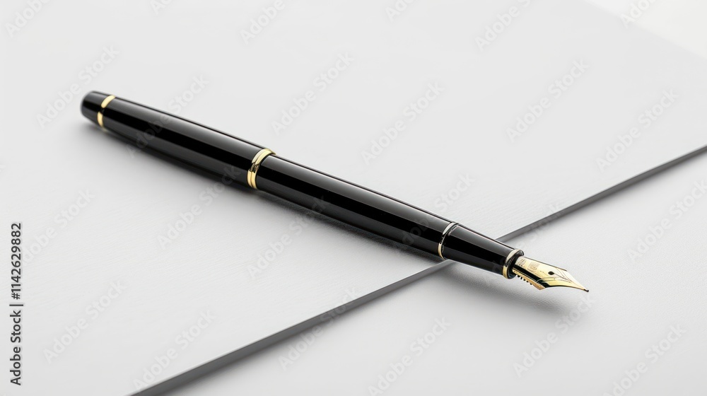 Elegant Black and Gold Fountain Pen on Blank Paper: Ready for Writing Elegant Black and Gold Fountain Pen on Blank Paper: Ready for Writing