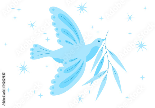 International world day of peace. symbol of peace white dove bird, mistletoe, plant, branch, non violence, no war, anti-war, human solidarity. Symbol of a dove with an olive branch. Symbol of peace