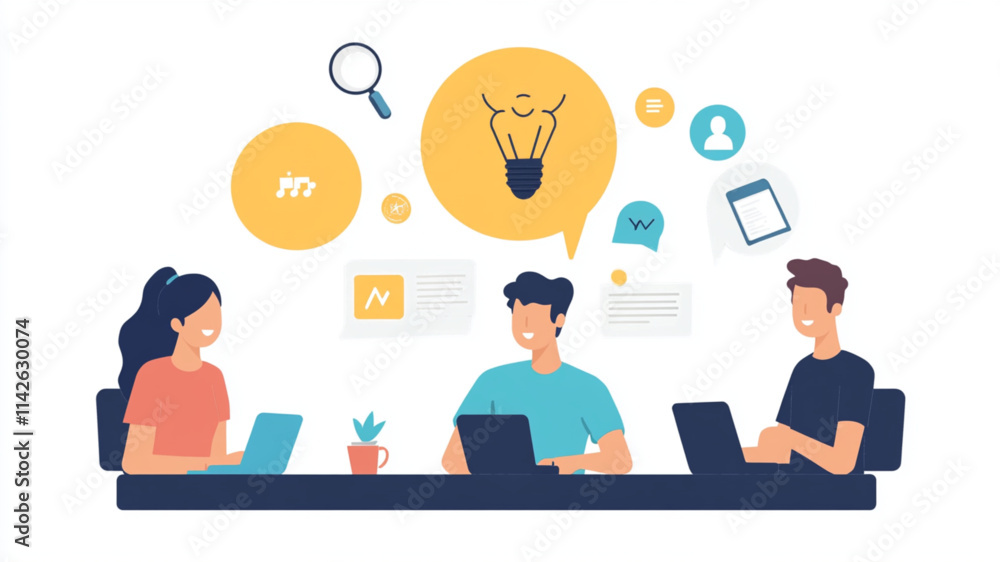 Business and marketing scenes with individuals presenting and discussing ideas. Vector icon Business and marketing scenes with individuals presenting and discussing ideas. Vector icon