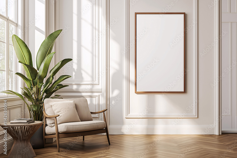 Elegant poster mockup against wall in minimalist room modern design natural light Elegant poster mockup against wall in minimalist room modern design natural light