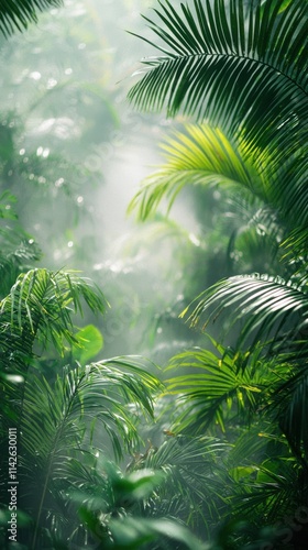 Lush tropical forest with vibrant green foliage and mist during a serene morning light. Generative AI