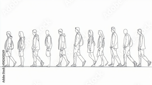 Architectural line drawings of individuals walking and standing for design plans. Vector icon