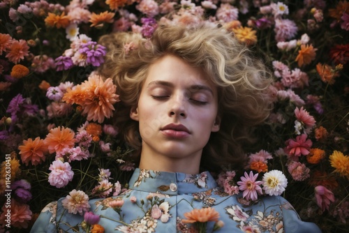 un jeune homme blond androgyne sur un lit de fleurs