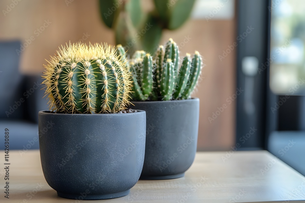 Two distinct cacti in elegant pots bring a touch of nature indoors, enhancing the decor. Generative AI Two distinct cacti in elegant pots bring a touch of nature indoors, enhancing the decor. Generative AI