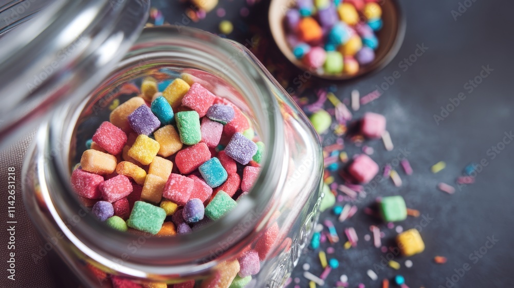 Jar of colorful candy is sitting on a table Jar of colorful candy is sitting on a table