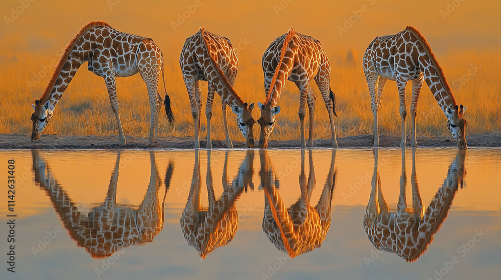 Fototapeta premium Giraffes drinking at watering hole with mirrored reflections at sunset