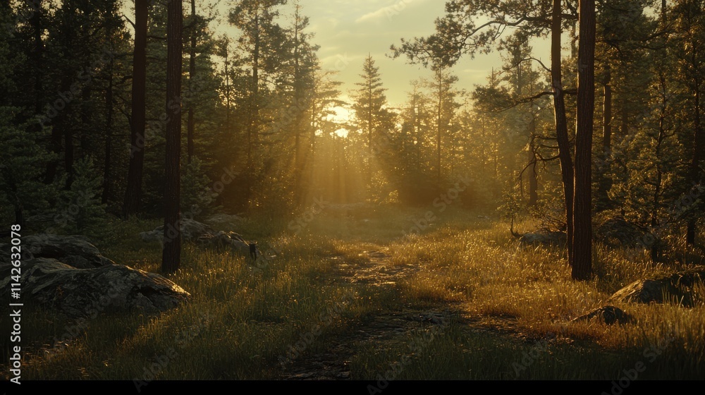 Obraz premium A serene forest clearing with golden sunlight filtering through the trees