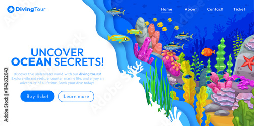 Landing page with paper cut underwater landscape, cartoon tropical sea life, seaweeds and fish shoal. 3d vector web banner invites to discover secrets of ocean and embark on an unforgettable adventure