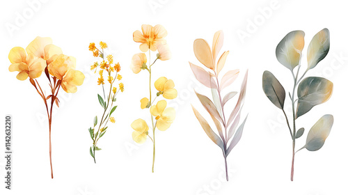 Watercolor floral illustration set with delicate flowers and leaves, isolated on white background. Soft watercolor floral bouquet set, vibrant blooms and greenery, isolated on white background