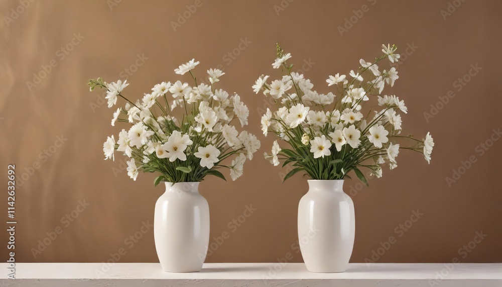 Minimalist composition of white flowers in a white vase set on a warm brown background, bloom, warm, nature, minimalist, decoration Minimalist composition of white flowers in a white vase set on a warm brown background, bloom, warm, nature, minimalist, decoration