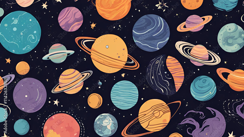 A seamless pattern featuring vibrant colors, depicting hand-drawn planets, a cosmic galaxy texture, and doodle-style moons. This illustration embodies the theme of universe exploration, incorporating A seamless pattern featuring vibrant colors, depicting hand-drawn planets, a cosmic galaxy texture, and doodle-style moons. This illustration embodies the theme of universe exploration, incorporating