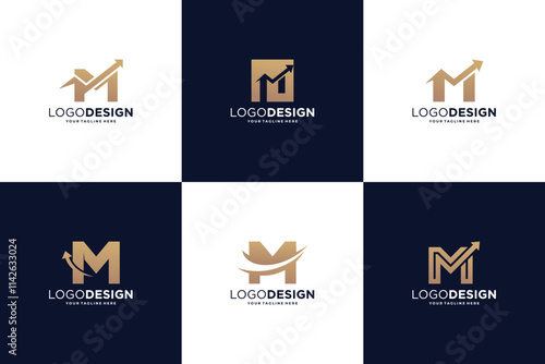 Set of letter M logo design with grow stats logo concept
