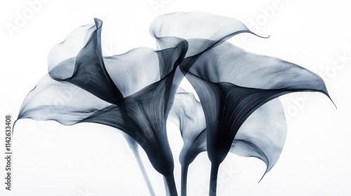 Three translucent grey calla lilies against a white background.