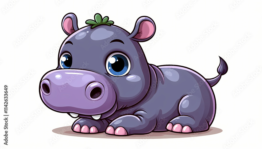 Naklejka premium Cute cartoon pygmy hippo with big eyes, a playful expression, and a hint of green foliage on its head.