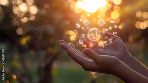 A child holding a glowing digital sphere representing technology, innovation, and the future in a nature-inspired background. condept for how technology can be a part of the younger generation’s hands photo