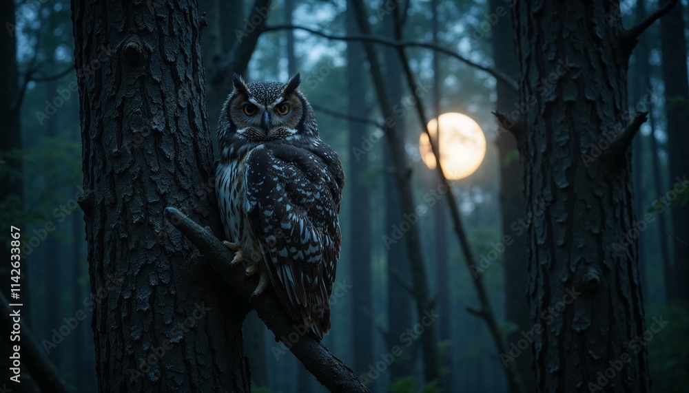 Owl perched on a tree branch under the full moon in a dark forest Owl perched on a tree branch under the full moon in a dark forest