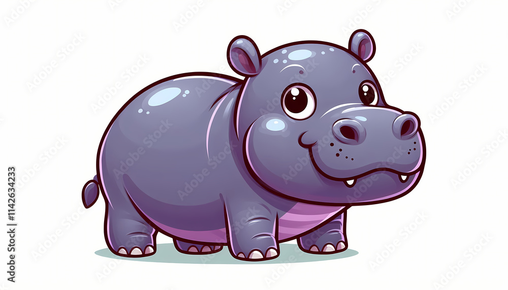 Cartoon illustration of a cute, smiling pygmy hippo with big eyes and a rounded body. Cartoon illustration of a cute, smiling pygmy hippo with big eyes and a rounded body.