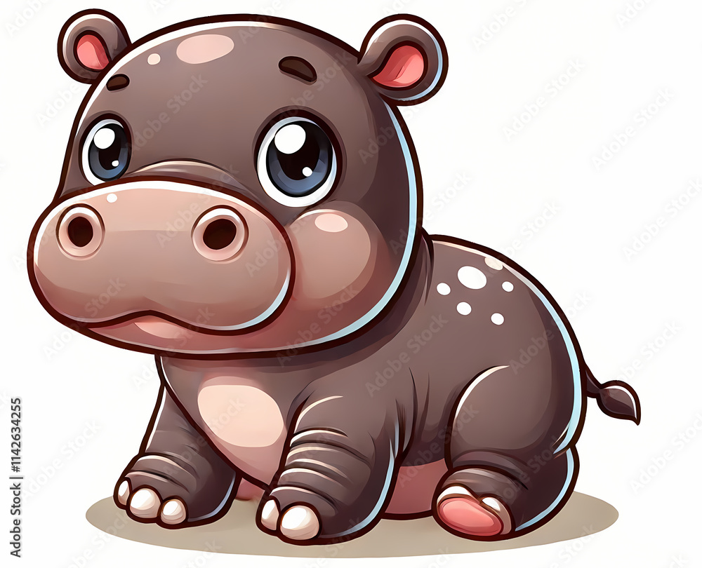 Naklejka premium A cute cartoon pygmy hippo with large eyes and a rounded body, sitting adorably against a light background.
