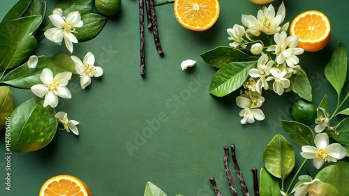 green beauty product photoshoot of Neroli flower, bergamot digital