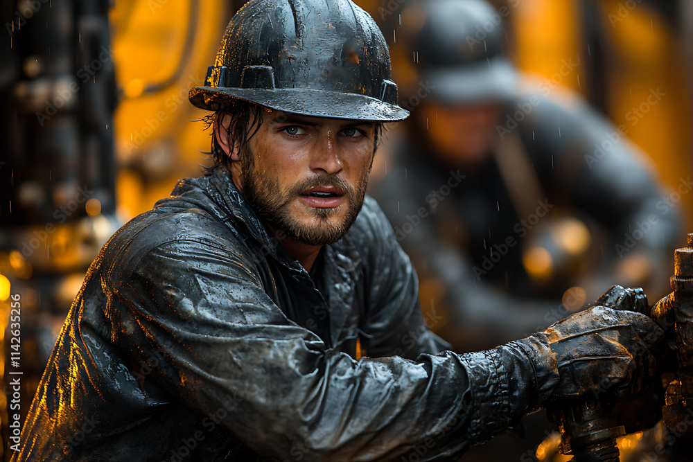 Men working hard in the oil and gas industry, engaged in tough manual labor. The scene captures the intensity of their work, showcasing the machinery, tools, and grit required for this demanding field Men working hard in the oil and gas industry, engaged in tough manual labor. The scene captures the intensity of their work, showcasing the machinery, tools, and grit required for this demanding field