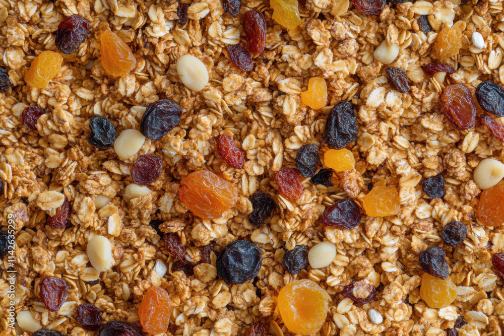 Close-up of granola with dried fruits and nuts, seamless texture background, top view. The granola is rimmed with large grains of granola, mixed in the center there is a lot of ginger powder, honey. Close-up of granola with dried fruits and nuts, seamless texture background, top view. The granola is rimmed with large grains of granola, mixed in the center there is a lot of ginger powder, honey.