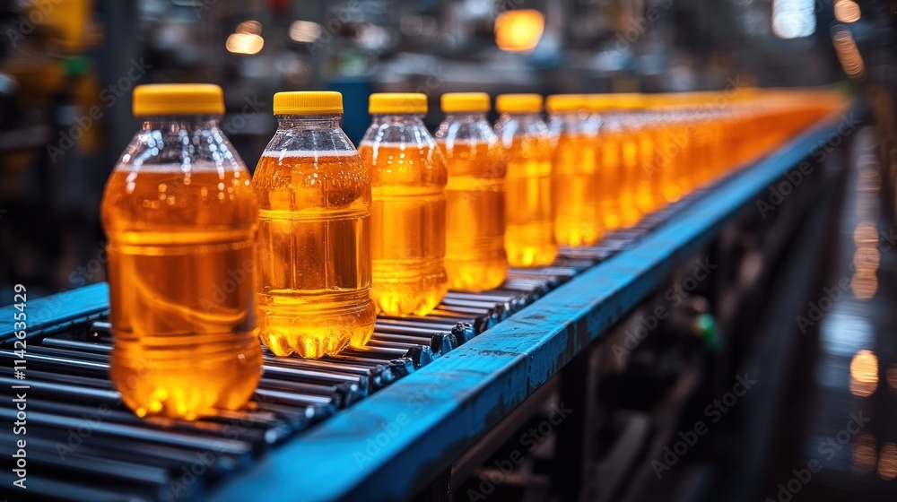 Bottles of orange liquid on a production line. Bottles of orange liquid on a production line.