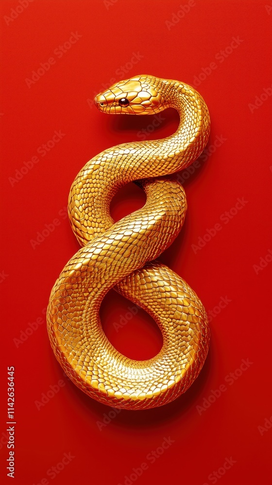 golden snake on vibrant red background, striking and elegant golden snake on vibrant red background, striking and elegant