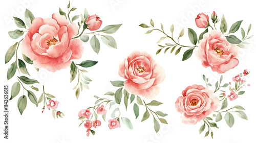 Watercolor floral illustration set with delicate flowers and leaves, isolated on white background. Soft watercolor floral bouquet set, vibrant blooms and greenery, isolated on white background