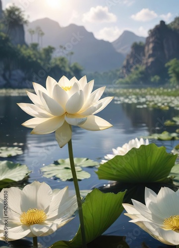 Pristine white lotus flower in full bloom against idyllic Tansa River reservoir, aquatic park, aquatic sanctuary, water surface photo