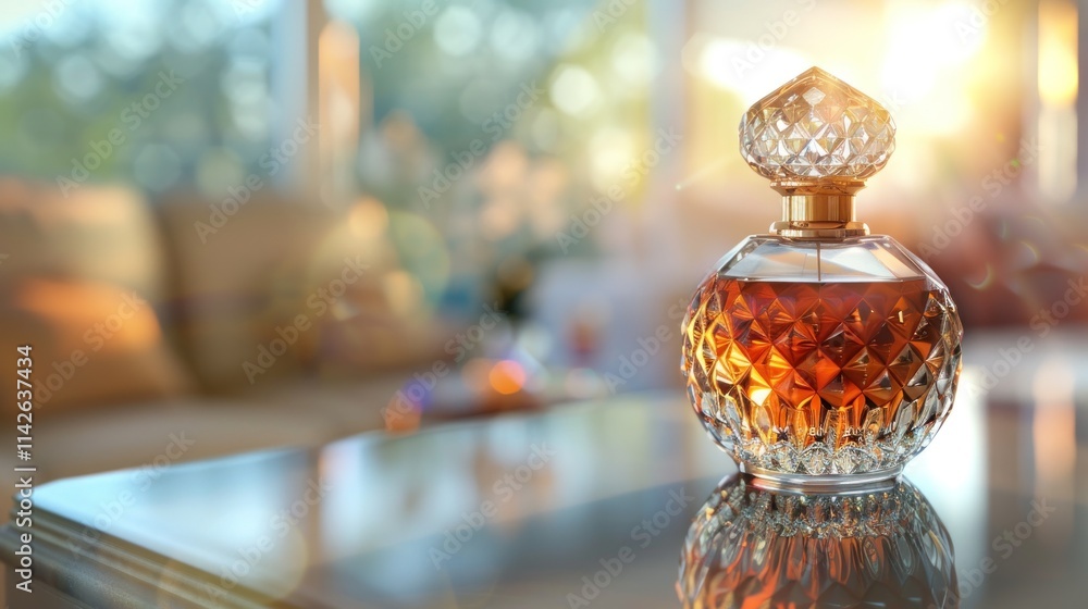 Elegant Perfume Bottle on Glass Table in Sunlit Room Elegant Perfume Bottle on Glass Table in Sunlit Room