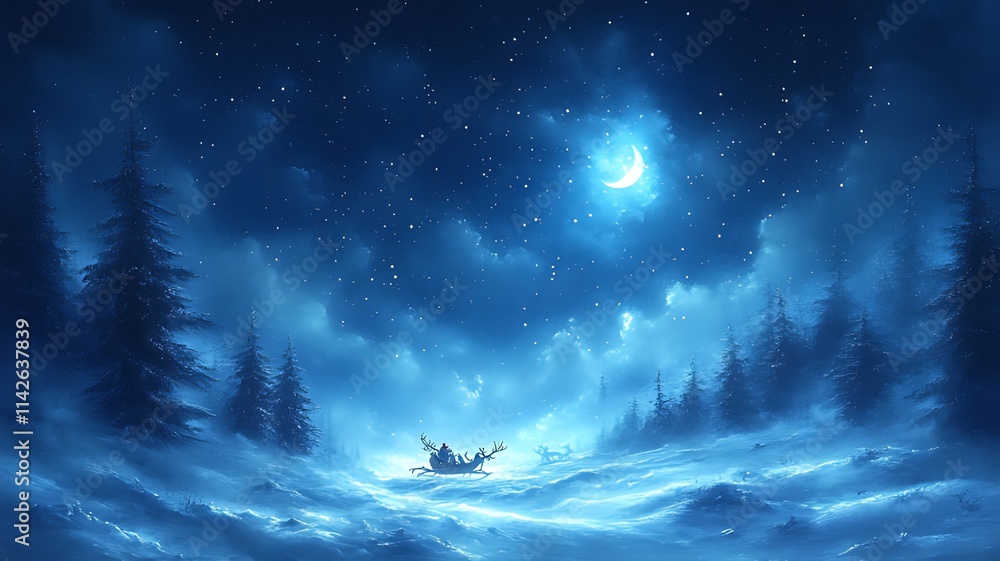 Fototapeta premium Magical winter night scene with a sleigh under a crescent moon in a snowy forest.