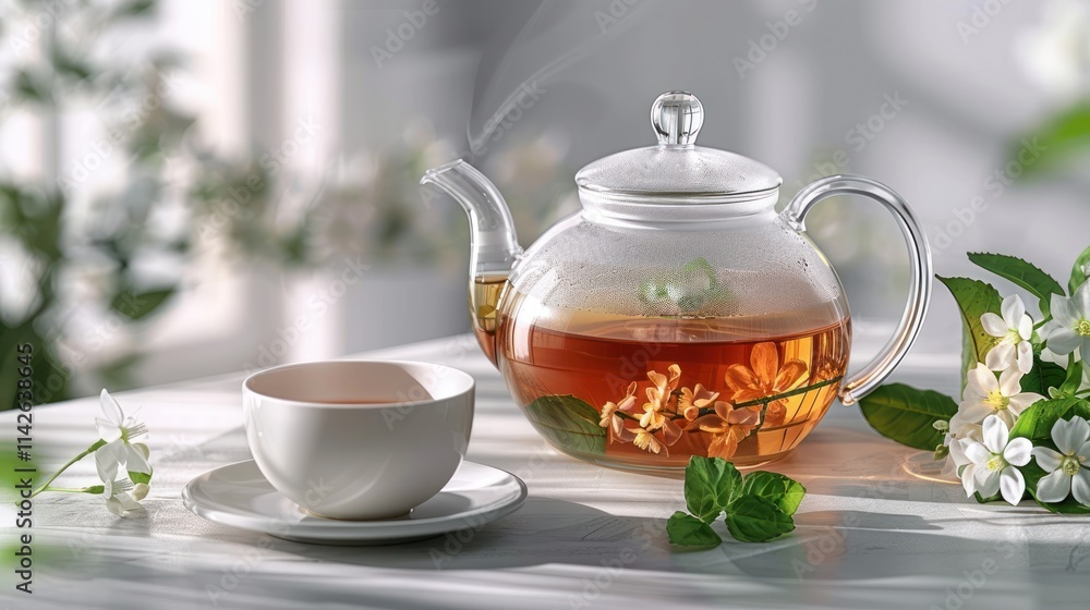 Soothing Tea Time: A glass teapot with herbal tea, a teacup, and delicate flowers Soothing Tea Time: A glass teapot with herbal tea, a teacup, and delicate flowers