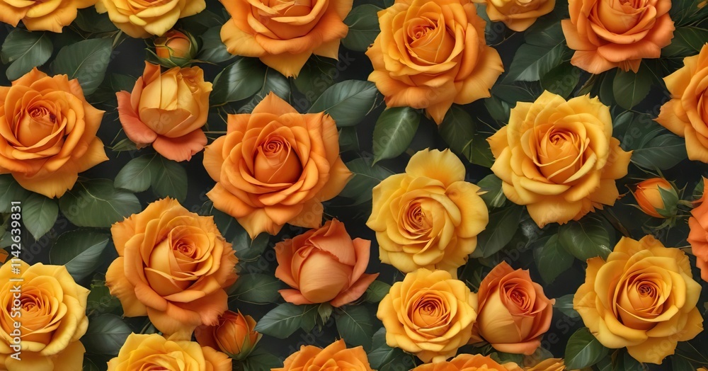 Seamless pattern of vibrant orange and yellow roses on a bright colorful background, colorful, vibrant Seamless pattern of vibrant orange and yellow roses on a bright colorful background, colorful, vibrant