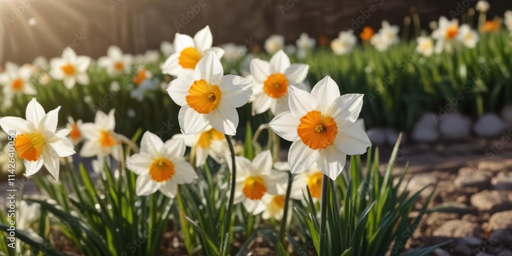 Selective focus on white and orange daffodil flowers in the sunlight, awakening, petals, botany, close up Selective focus on white and orange daffodil flowers in the sunlight, awakening, petals, botany, close up