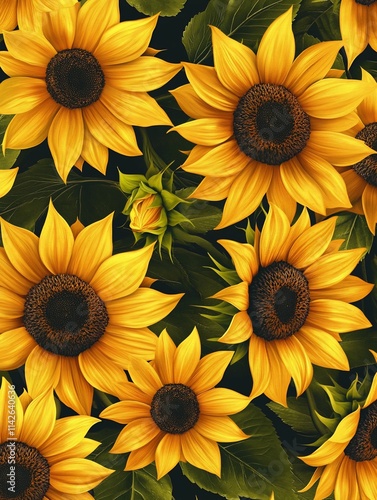 Vintage 3D Sunflower Seamless Pattern with Elegant Script