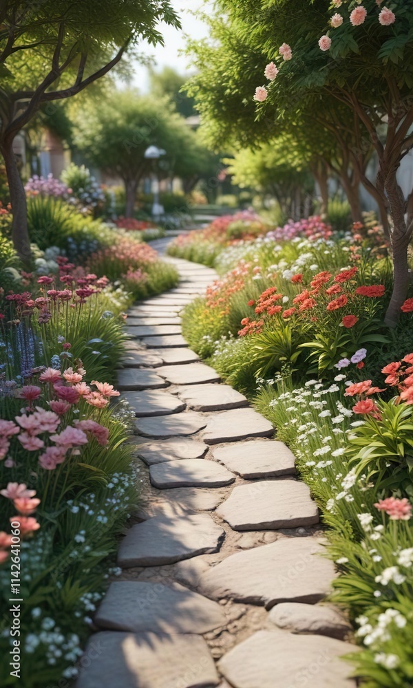 Sinuous walkway winding through beautiful flower garden, walkway, colorful, beautiful Sinuous walkway winding through beautiful flower garden, walkway, colorful, beautiful