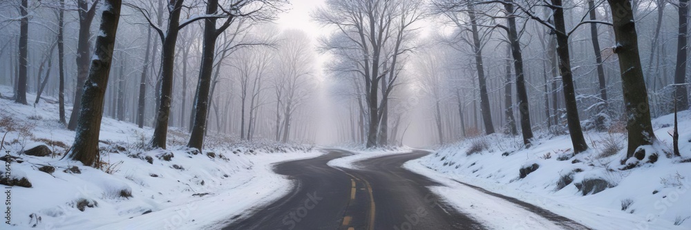 Snowy country road winding through a beautiful winter forest, landscape, country Snowy country road winding through a beautiful winter forest, landscape, country