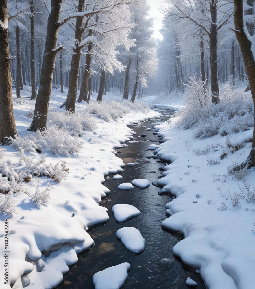Obraz premium Snowy forest path with a frozen stream and snow-covered trees, snowy forest, wintry scenery, peaceful walk